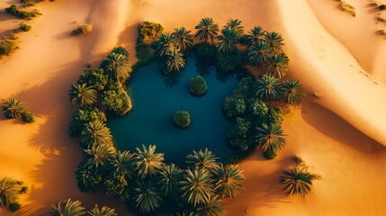 Aerial view of serene oasis, lush greenery surrounding a tranquil blue lake, vibrant desert landscape, perfect for relaxation.