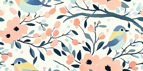 Seamless vector repeating pattern, blue birds nestled among delicate floral elements in soft, muted colors