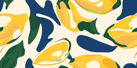 Naklejka premium Abstract citrus fruit seamless pattern. Trendy aesthetic groovy lemon and leaves design for fabric prints. Vector illustration 