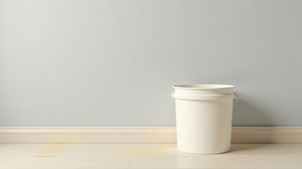 A pristine white plastic pail sits on a light wood floor against a pale wall, ready for a new coat of paint, protecting the floor with painter's tape.
