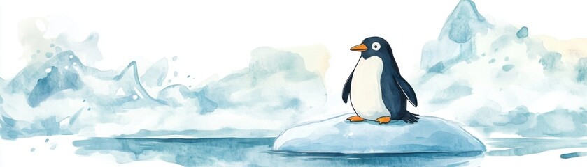 Fototapeta premium A charming watercolor illustration of a penguin standing on an ice floe, surrounded by a tranquil icy landscape, capturing the beauty of nature.