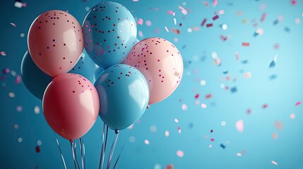 pink and blue balloons with confetti falling on a vibrant blue background, creating a celebratory and festive atmosphere for birthdays or parties.