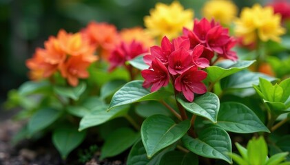 Thick fleshy heart-shaped leaves of Bergenia crassifolia plant in garden landscape, succulent, flowers