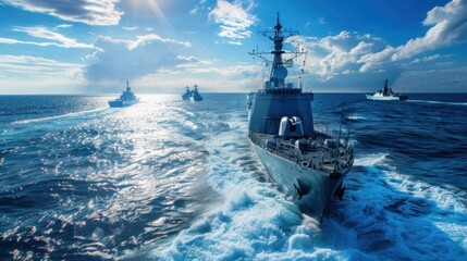A large navy ship is in the middle of the ocean with other ships behind it