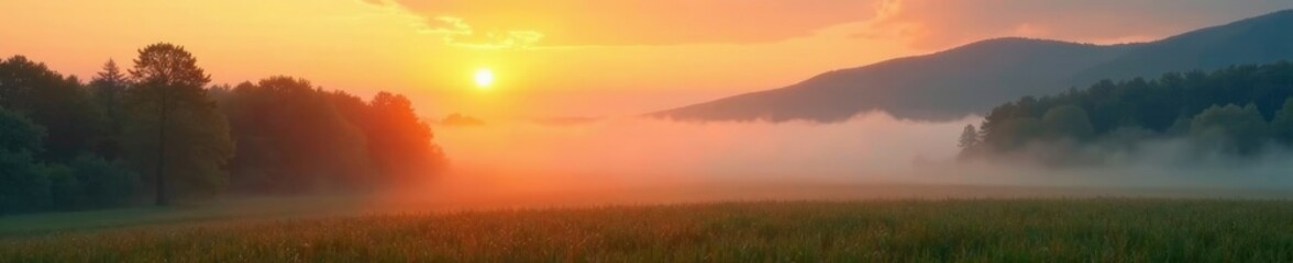 The sun's golden rays peek through the misty veil of morning fog, serene landscape, landscape