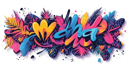 Colorful Abstract Floral and Geometric Composition with Dynamic Fluid Shapes and Vibrant Tropical Foliage