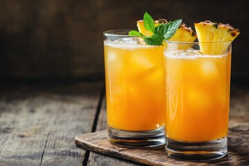 Fototapeta premium Two refreshing pineapple drinks with ice and mint on a wooden surface.