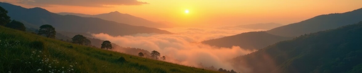 Fototapeta premium The morning sun casts a warm glow on a misty valley, serene, mist