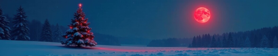 Fototapeta premium The red light of the full moon illuminates a lone Christmas tree in a winter wonderland, single tree, frosty atmosphere