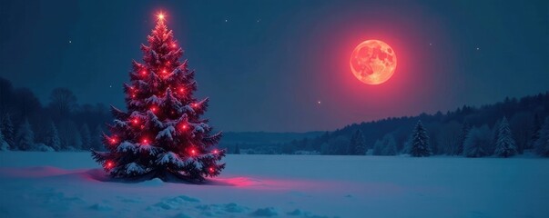 The red light of the full moon illuminates a lone Christmas tree in a winter wonderland, crimson light, winter landscape, peaceful evening