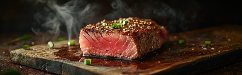 Steaming seared tuna steak on wooden board, garnished with sesame seeds and green onions. (2)