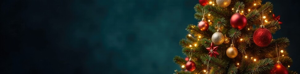 The Christmas tree is decorated with a mix of ornaments and lights, tree decorations, christmas tree