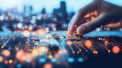 Innovation in the Digital Age: A Hand Interacts with a Circuit Board Representing Technological Advancement and the Future of Connectivity