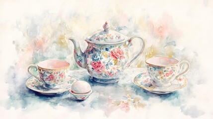 Watercolor painting of a floral tea set and macaroon