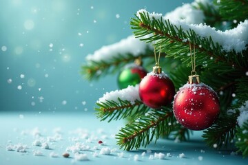 Obraz premium Snow covered spruce branch with sparkling red and green Christmas balls, evergreen, winter