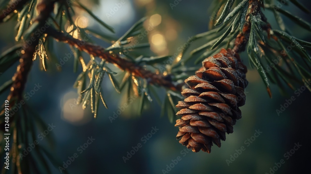Poster A single pinecone hangs from a tree branch in a natural setting