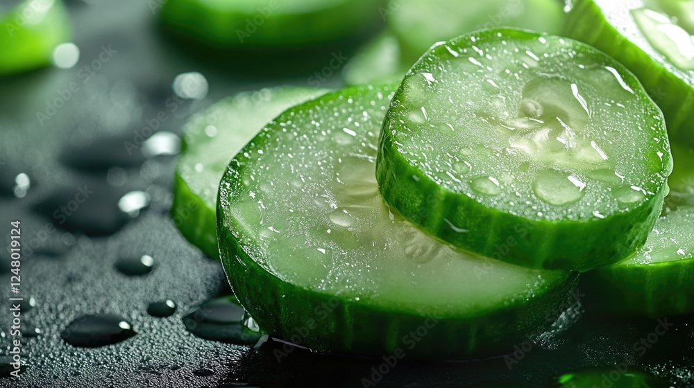 Poster Freshly cut cucumber slices arranged neatly on a table
