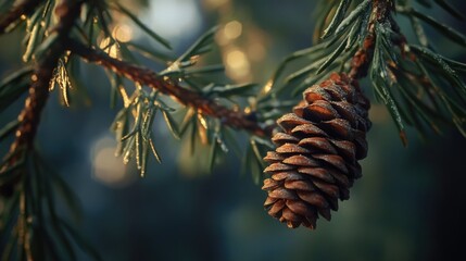 A single pinecone hangs from a tree branch in a natural setting