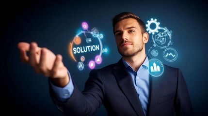 Professional man presenting digital solutions with technology icons in a dark background