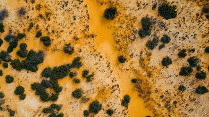 Aerial view of rugged terrain, vibrant orange and green landscape showing natural textures, ideal for nature themed projects.