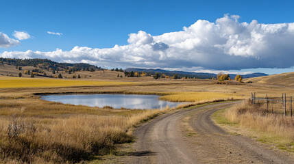 Rustic autumn meadow landscape, rural yellow field with dirt road, water pond, sea or river and fluffy clouds on horizon. Farmland scenery countryside fall season nature, Cartoon vector background
