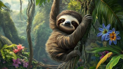 Fototapeta premium Adorable Sloth Hanging on a Vine in Lush Rainforest