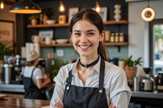 Happy Coffee Shop Barista Woman Small Business Smiling Portrait - Powered by Adobe