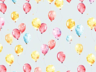 Whimsical watercolor seamless pattern with colorful balloons in various sizes and hues, hand-painted, seamless, artistic