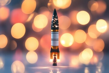 A small toy rocket sitting on a table, ready for blast off