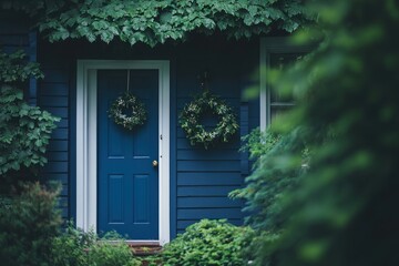 Blue house door with greenery and wreaths.