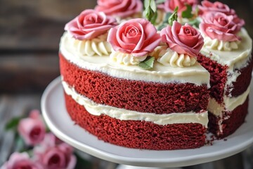 Moist red velvet cake with creamy white frosting and delicate pink roses for a sweet celebration