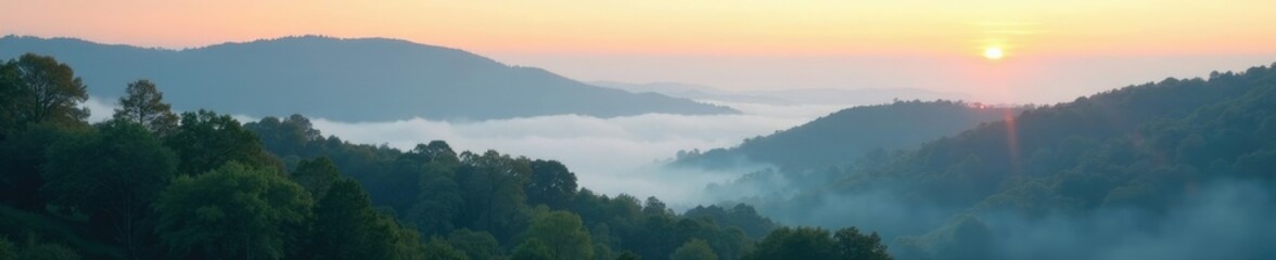 Obraz premium Morning fog rolls in over the rolling hills and trees, gentle, hills