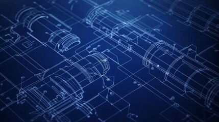 Detailed technical drawings showcasing piping systems in blue tones.