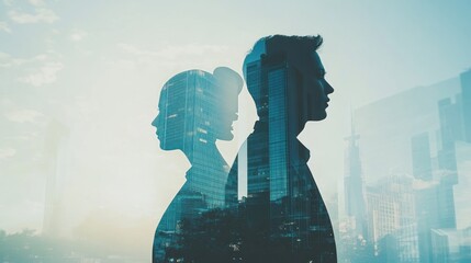 Double exposure of a man and woman's silhouettes overlaid on a cityscape.