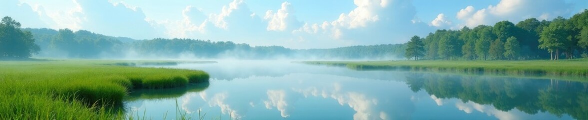 Obraz premium Misty morning with green grass bordering a serene wetland pond under blue skies with fluffy white clouds reflected in the calm water, morning, still