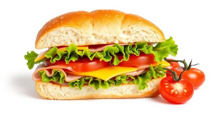 Sandwich with ham, cheese, tomatoes, lettuce, and toasted bread on white background, bread, meal, food