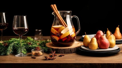 A rustic Thanksgiving table set with a glass pitcher filled with spiced pear sangria, garnished with cinnamon sticks, star anise, and fresh pear slices
