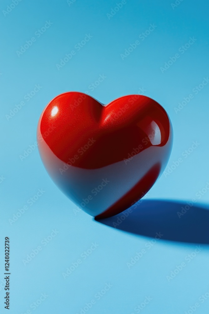 Poster a single red heart shaped object on a blue background, ideal for use in designs related to love and 