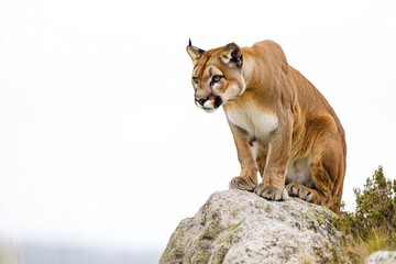 Obraz premium A mountain lion perched on the edge of a rock, with a scenic landscape in the background