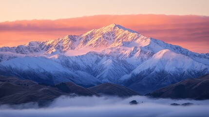 Mountain Majesty: A majestic snow-capped mountain peak dominates the horizon, bathed in the warm glow of a breathtaking sunrise.