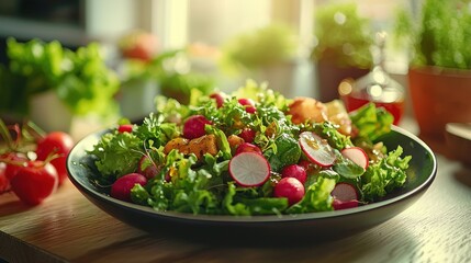 Healthy salad with radishes, kitchen setting