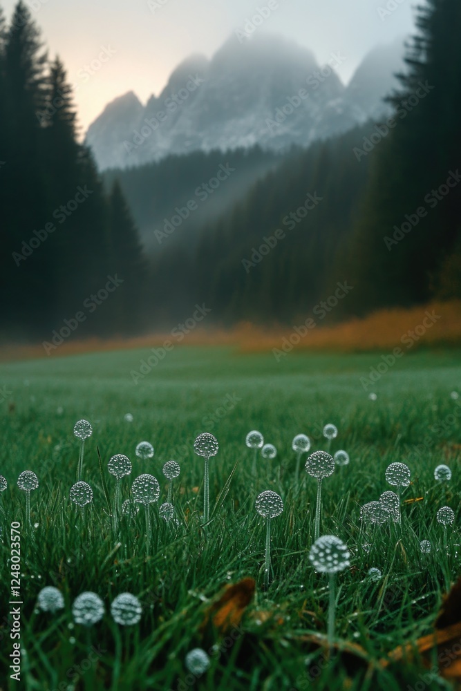Aufkleber a serene scene of a green meadow with a distant mountain range