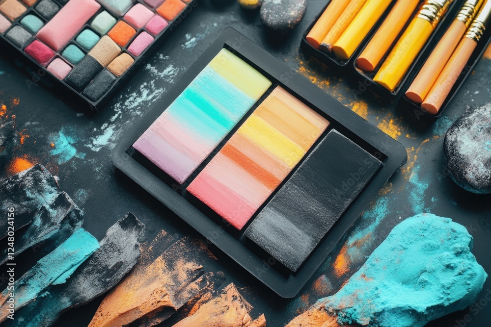 Poster a selection of colorful paints and brushes for artistic use