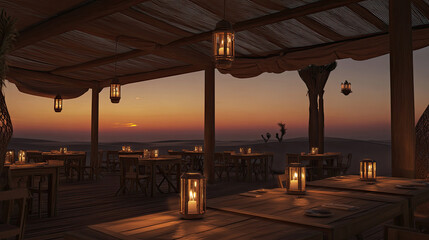 Fototapeta premium Luxury Desert Restaurant with Exotic Lanterns and Scenic Sunset View