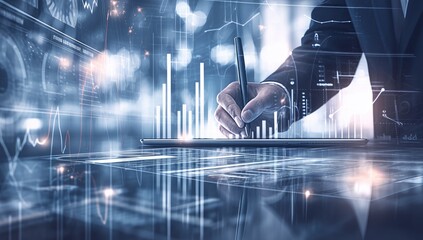 Closeup of a person's hands writing on a digital tablet, overlaid with data visualizations.  Blurred background shows city lights and graphs.  Cool tones and modern, futuristic feel