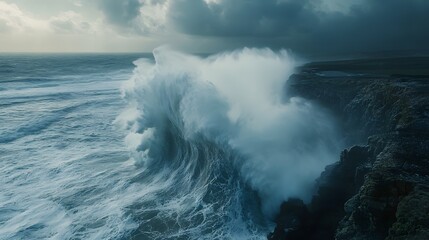 Obraz premium Powerful ocean waves crashing against rocky shore, dramatic seascape under moody sky, perfect for nature-themed projects.