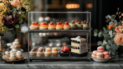 Elegant dessert display with cakes, cupcakes, and macarons in a modern bakery setting