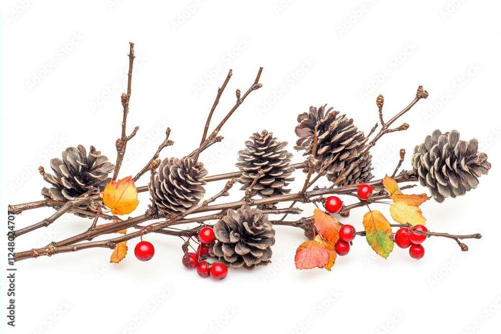 Poster a bundle of pine cones perched at the end of a tree branch, ready to fall or disperse