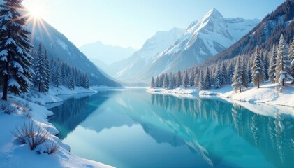 Obraz premium Frozen lake in the mountains with pine trees on shore, mountain lakes winter landscape skiing, ice rink