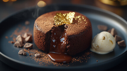 Decadent molten chocolate cake with gooey center and vanilla ice cream garnished with gold flakes